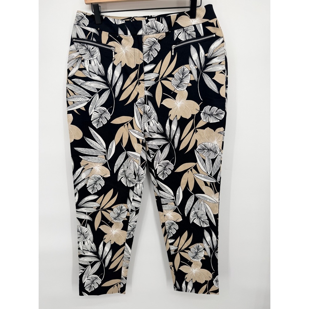 Chico's Ankle Pants Women 1 Black Tan Tropical Leaf Print Excellent Slim Zip